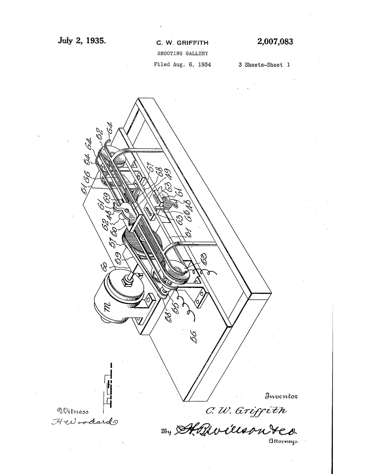 Figure 2 — Sheet 1 of US Patent 2,007,083, Shooting Gallery, filed by Griffith in August 1934. The ducks ride on pivoted bases fixed to an endless belt round two pulleys, driven by an electric motor; a hit ti…