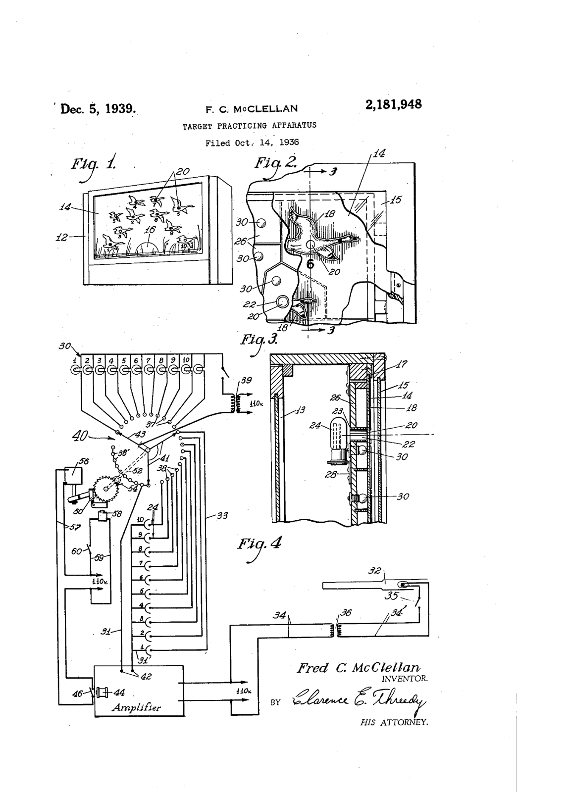 Figure 6 — Sheet 1 of Fred C. McClellan's US Patent 2,181,948, Target Practicing Apparatus, filed in October 1936 and assigned to the Rayolite company. Ten ducks are painted opaque on a translucent panel; beh…