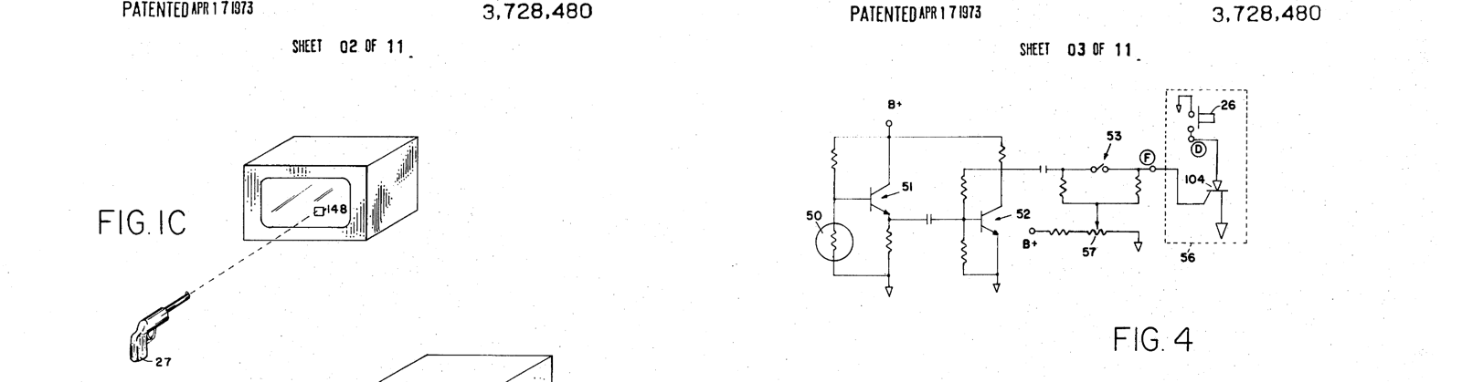 Figure 2 — Two sheets of Ralph Baer's US Patent 3,728,480. Left, Fig. 1C: the "light-gun" (27) aimed at the target dot (148) on an ordinary television. Right, Fig. 4: the gun circuit. A photocell (50) feeds t…