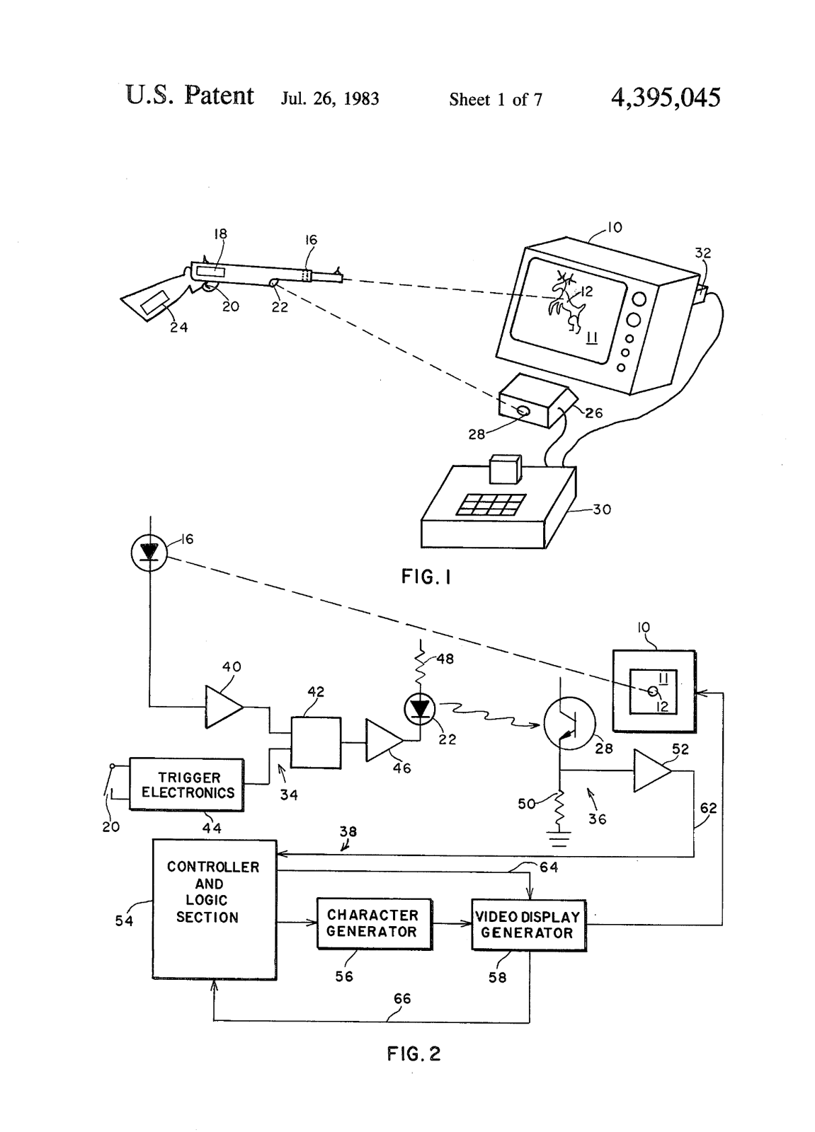 Figure 5 — Sheet 1 of Baer's US Patent 4,395,045. Fig. 1: the rifle aimed at the television, with no cable to the receiver box beside the computer and keyboard. Fig. 2: the photodiode (16) and amplifiers (40,…