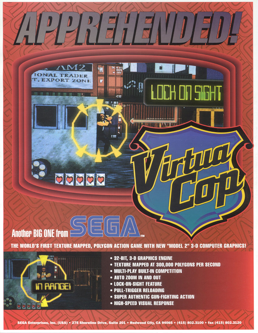 Figure 2 — Sega's 1994 sales flyer for Virtua Cop, billed as "the world's first texture mapped, polygon action game with new 'Model 2' 3-D computer graphics". The feature list includes a "lock-on-sight featur…