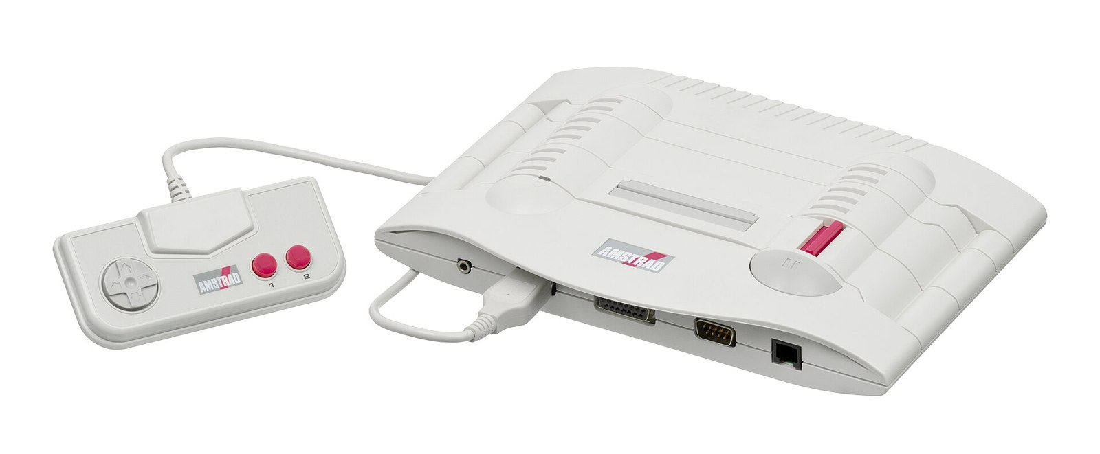 Figure 4 — The Amstrad GX4000 console of 1990 with its pad. It shares its hardware with the CPC Plus range; the connectors along the front edge include the analogue and joystick ports. Which of them is the 6-…