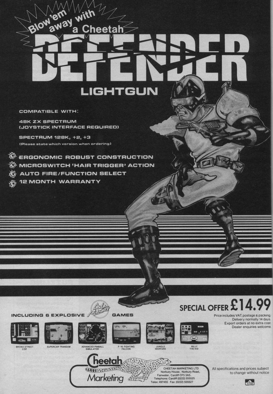 Figure 2 — The Cheetah Defender advertisement: "Compatible with 48K ZX Spectrum (joystick interface required), Spectrum 128K, +2, +3"; microswitch "hair trigger" action; auto fire and function select; six Cod…
