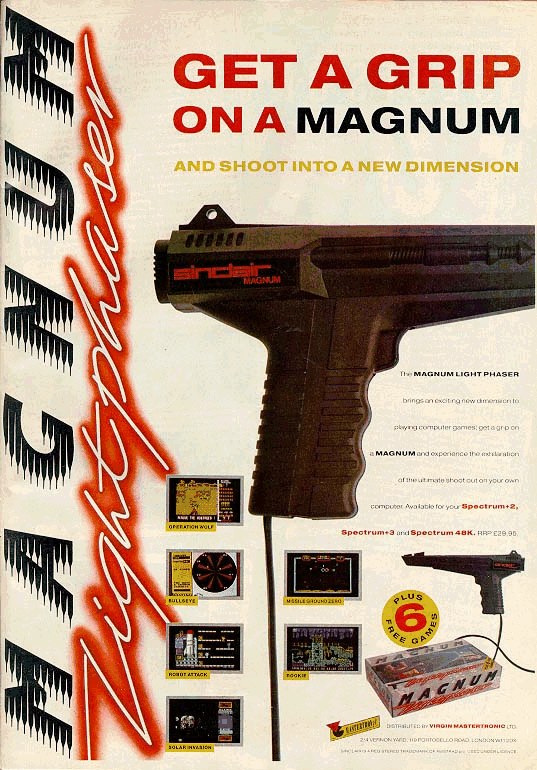 Figure 3 — The Magnum Light Phaser advertisement: "Get a grip on a Magnum and shoot into a new dimension", the black gun with its red Sinclair Magnum badge, six game screens and the boxed set; "Available for …