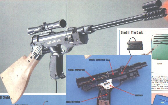 Figure 8 — The Stack Light Rifle for the ZX Spectrum, C64 and VIC-20, as a 1984 part-work photographed it: a chromed pistol with a clip-on scope, barrel extension and wooden stock. The inset shows the pistol …