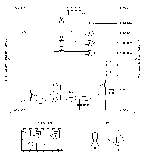 Figure 5 — The Menacer adaptor circuit: the Light Phaser's TH line through NOR-gate latches and an RC delay set by a 470 ohm trimmer and 100 nF, driving the Mega Drive's TH line through a BC548 transistor, wi…