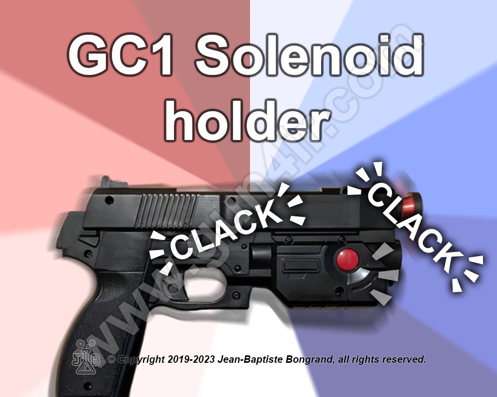 Figure 4 — GUN4IR's printed solenoid holder for the original GunCon, advertised with its own "CLACK CLACK". Image: GUN4IR / JB Game Lab, © Jean-Baptiste Bongrand.