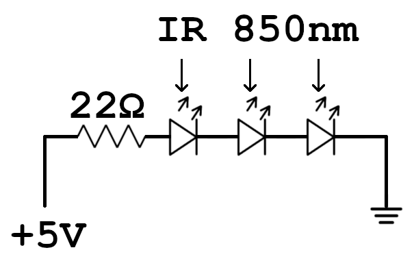 Figure 2 — The published schematic for replacement GunCon 3 marker units: from +5 V through a 22 ohm resistor to three 850 nm infrared LEDs in series, then to ground. Image: DjPolystation, Guncon3-IR-Emitters…