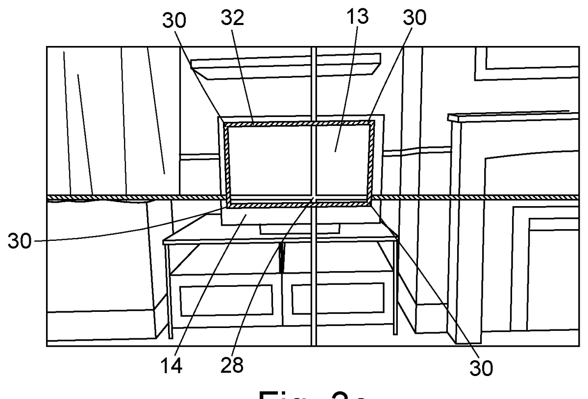 Figure 5 — Figure 3c of US 11,314,339: a line drawing of a television on a cabinet in a living room, seen from the gun's position, with a hatched border (30) drawn round the edge of the picture and two lines …