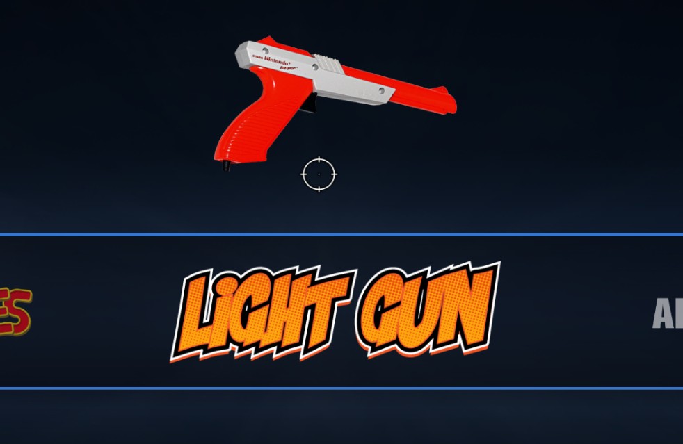 Figure 3 — EmulationStation on Batocera with a light gun connected: the gun's crosshair appears in the menus, so the front end can be driven with the gun alone. Screenshot: Batocera wiki, "Light gun guide".