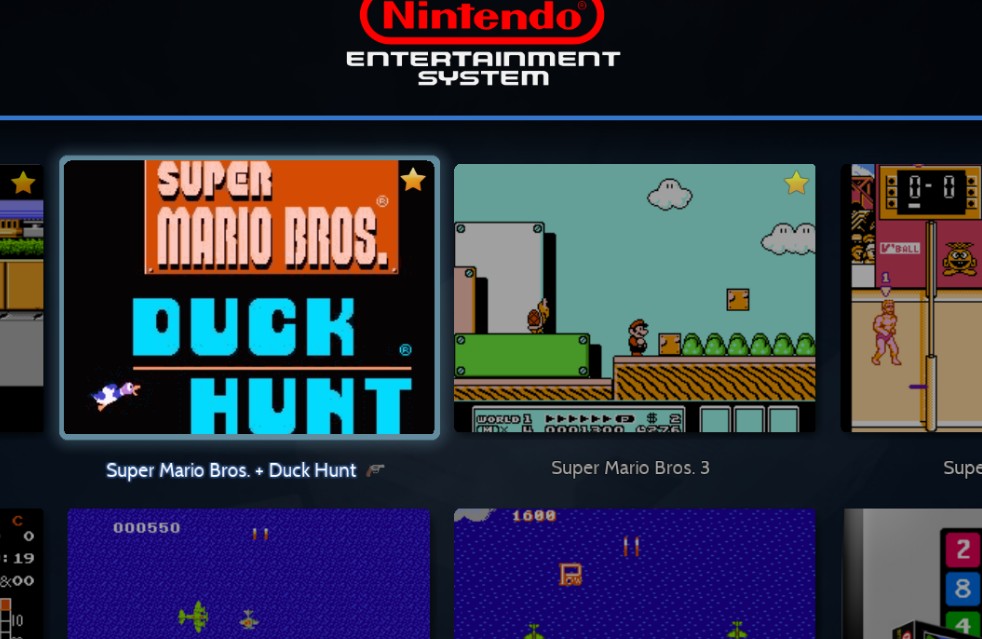 Figure 4 — Light-gun games are tagged in the game list: the small gun icon after "Super Mario Bros. + Duck Hunt" marks a game in the light-gun genre, which Batocera takes from its game database. Screenshot: B…
