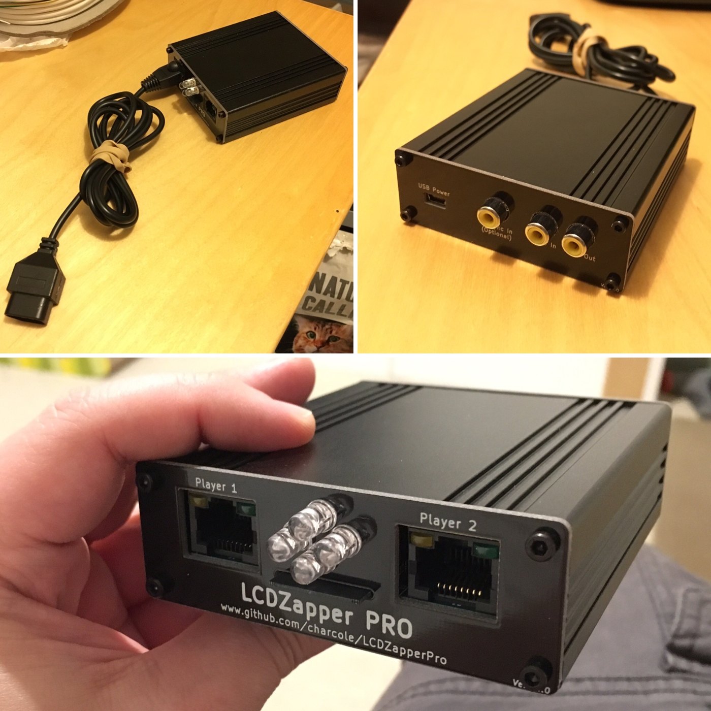 Figure 3 — The LightGunVerter Pro, the later enclosure of the same design: top left, the box with a console-specific cable ending in a controller plug; top right, the rear panel with USB power and three RCA s…