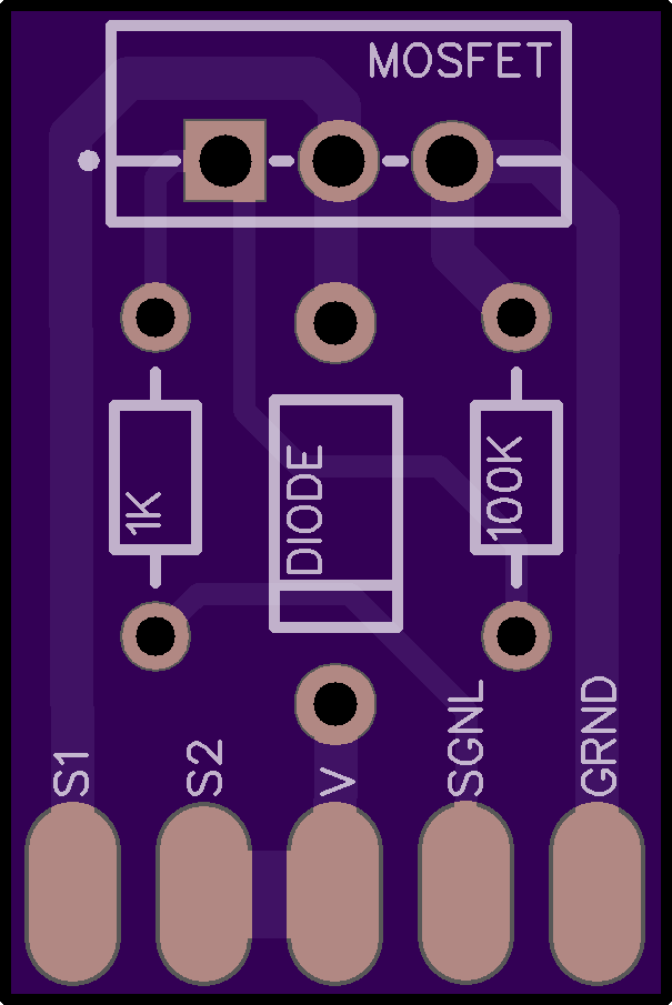 Figure 7 — The Gun4IRSolenoid v1.1 board on its own, pads S1, S2, V, SGNL and GRND along the bottom edge. Image: OSH Park.