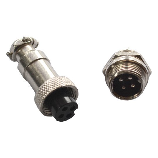 Figure 4 — A four-pin GX12 aviation connector, plug and panel socket. Olimex rates this one at 5 A and 250 VAC / 300 VDC. It screws together, which suits a cable a player will tug on, but it is not designed t…