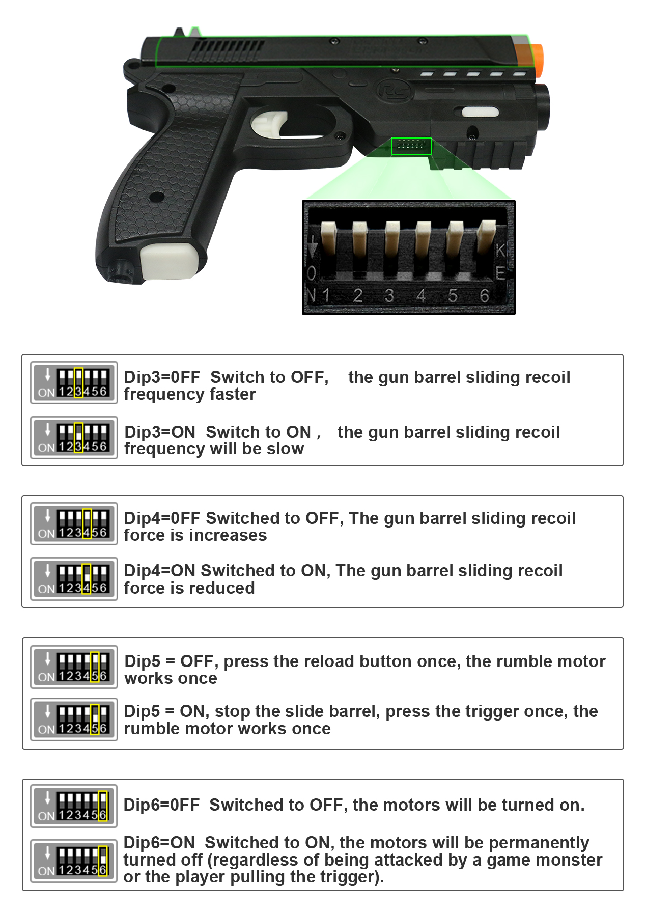 Figure 10 — RetroShooter's DIP switch chart for the RS3 Reaper. Switch 3 sets the sliding-recoil frequency and switch 4 its force; switches 5 and 6 control the rumble motor. Both recoil switches change the ave…