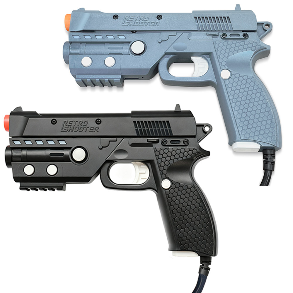 Figure 8 — The RetroShooter RS3 Reaper, a commercial IR gun with a 24 V sliding-recoil solenoid. RetroShooter's page warns "This is a 24v recoil pistol" and states that the recoil does not work from USB alone…