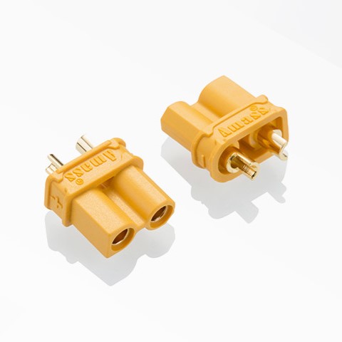 Figure 5 — The Amass XT30, a polarised two-pin power connector from the radio-control world, rated 15 A continuous and 30 A peak by Pimoroni's listing. It is a sound choice for a coil supply or a supercapacit…