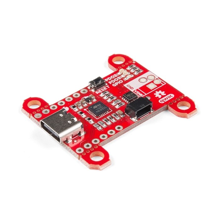 Figure 3 — SparkFun DEV-15801. The USB-C receptacle is at the lower left, the STUSB4500 in the centre, the Qwiic connector beside it, a reset button and status LEDs for PDO2, PDO3 and GPIO at the top, and the…