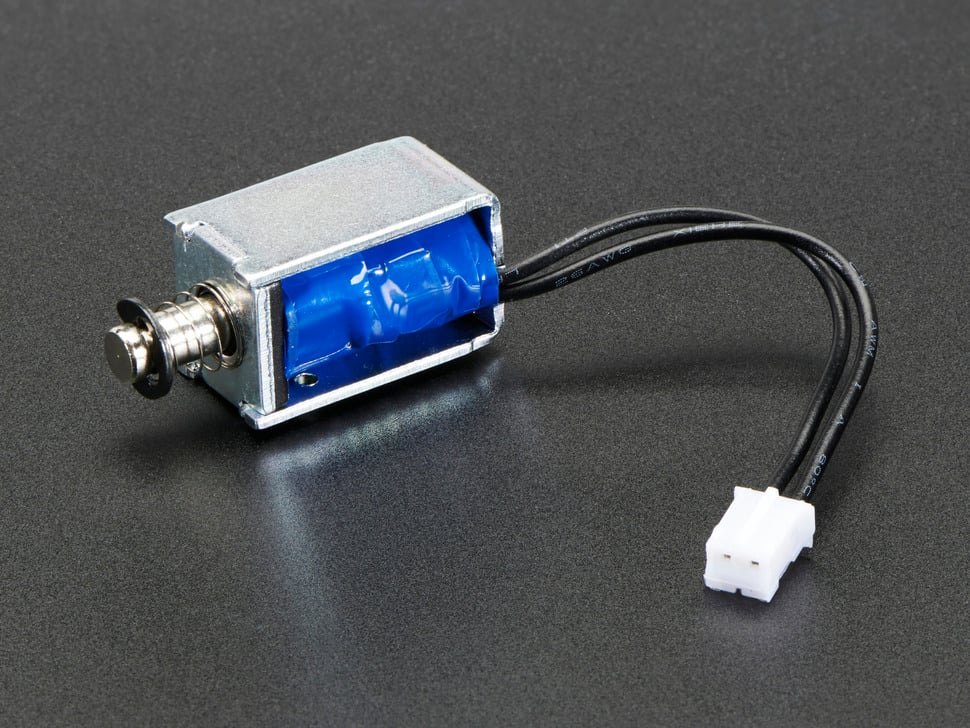 Figure 3 — Adafruit's Mini Push-Pull Solenoid, product 2776, rated 5 V and 1.1 A with a 4.5 Ω coil. Its listed figures match the Zonhen ZHO-0420S specification sheet discussed below. Photo: Adafruit.
