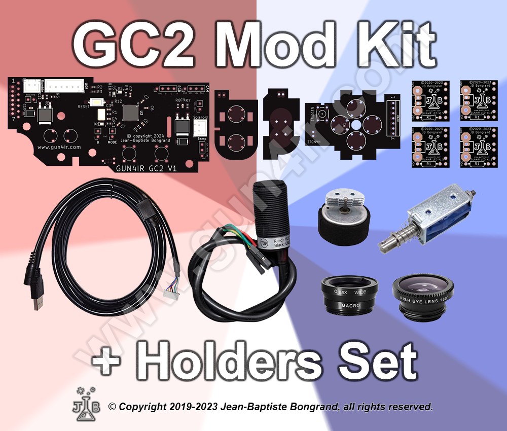 Figure 14 — GUN4IR's GunCon 2 mod kit as sold: the board, camera lenses, cables, a rumble motor and, at right, a small open-frame push-pull solenoid with its spring. Image: GUN4IR / JB Game Lab, © Jean-Baptist…