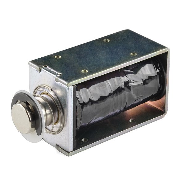 Figure 4 — SparkFun's 36 V solenoid, ROB-10391, a large box-frame unit. SparkFun measured its throw at 10 mm against the 25 mm on its datasheet, and its current at 650 mA on 12 V. Photo: SparkFun Electronics.