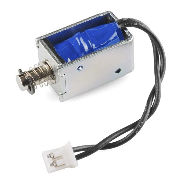 Figure 5 — SparkFun's small 5 V solenoid, ROB-11015, whose datasheet is the Zonhen specification discussed below. SparkFun found the throw closer to 4.5 mm than the 6 mm specified. Photo: SparkFun Electronics.