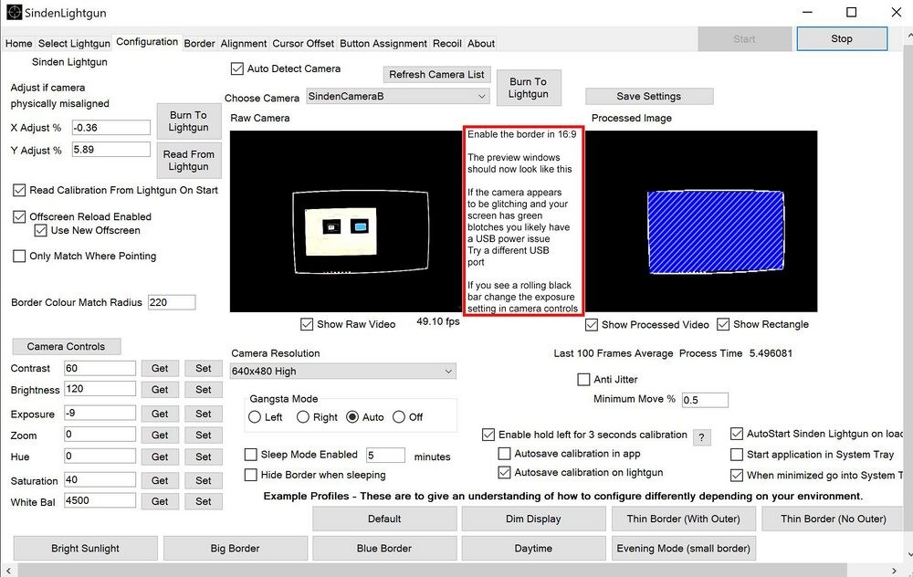 Figure 4 — What the driver sees. Left, the raw camera image of a monitor with the border on: the white frame is clearly bowed by the lens. Right, the processed image: every pixel that matches the border colou…