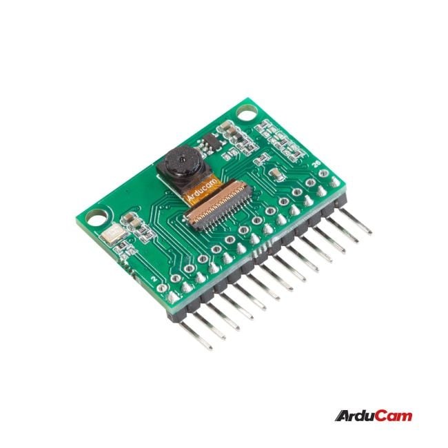 Figure 2 — Arducam's HM0360 module for the Raspberry Pi Pico: a Himax HM0360 monochrome VGA sensor and lens on a small board with a row of header pins. It is sold for the RP2040 boards that this build uses, w…