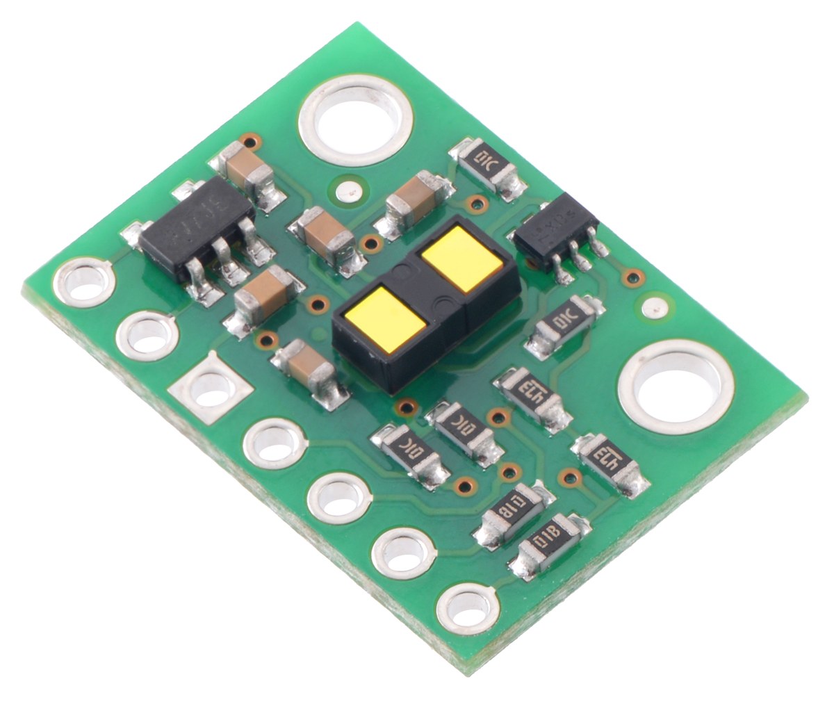 Figure 3 — Pololu's carrier board for ST's VL53L1X time-of-flight sensor: the black sensor package with its two windows, one for the 940 nm laser emitter and one for the receiver, with a regulator and level s…