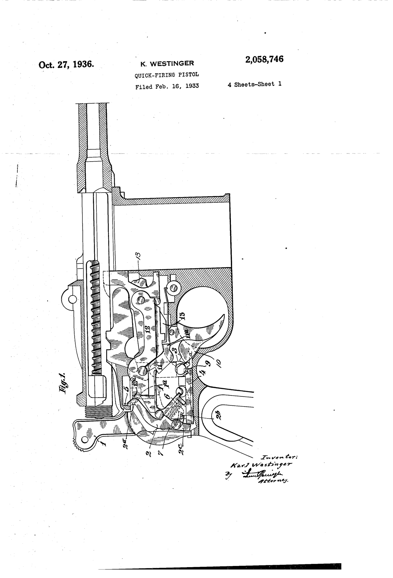 Figure 4.2 — Sheet 1 of US Patent 2,058,746 (Westinger, 1936), the refined select-fire mechanism behind the production Schnellfeuer. Reproduced for historical/identification reference only — a sele…