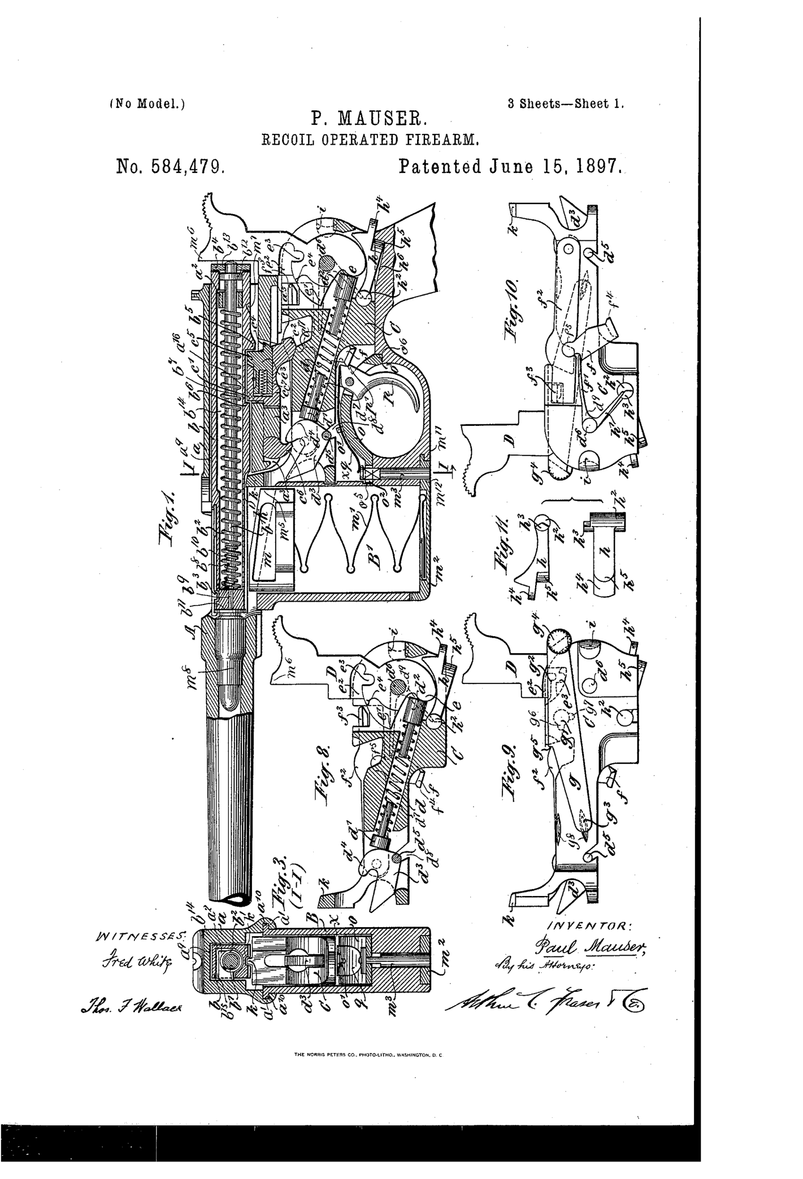 Figure 2.1 — Sheet 1 of US Patent 584,479. The longitudinal sections (Figs 1–2) show the barrel/extension, the square bolt, the pivoting locking block beneath, and the lock sub-frame; the smaller f…