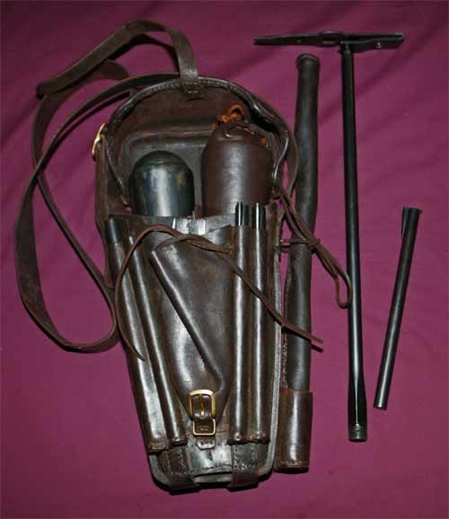 Figure 7 — The Girandoni accoutrement bag as recreated for the US Army Heritage and Education Center: two spare flasks, the long hand pump with its foot-plate, ball tubes, mould and tools. It is a modern recr…