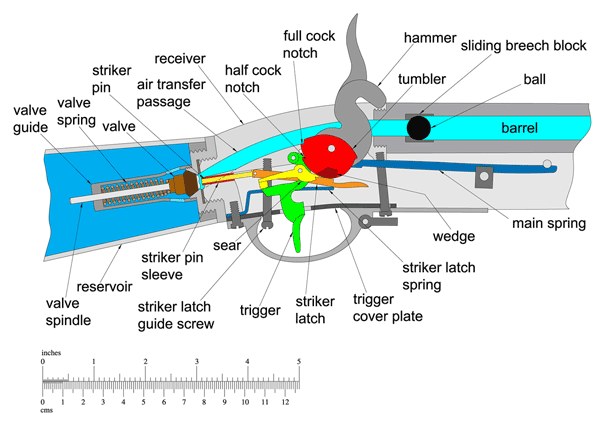 Figure 2 — The mechanism of the Girardoni military rifle at rest, in a scale drawing by Geoffrey Baker based on two British specimens and on the Beeman rifle, with the parts named: reservoir, valve, valve spr…