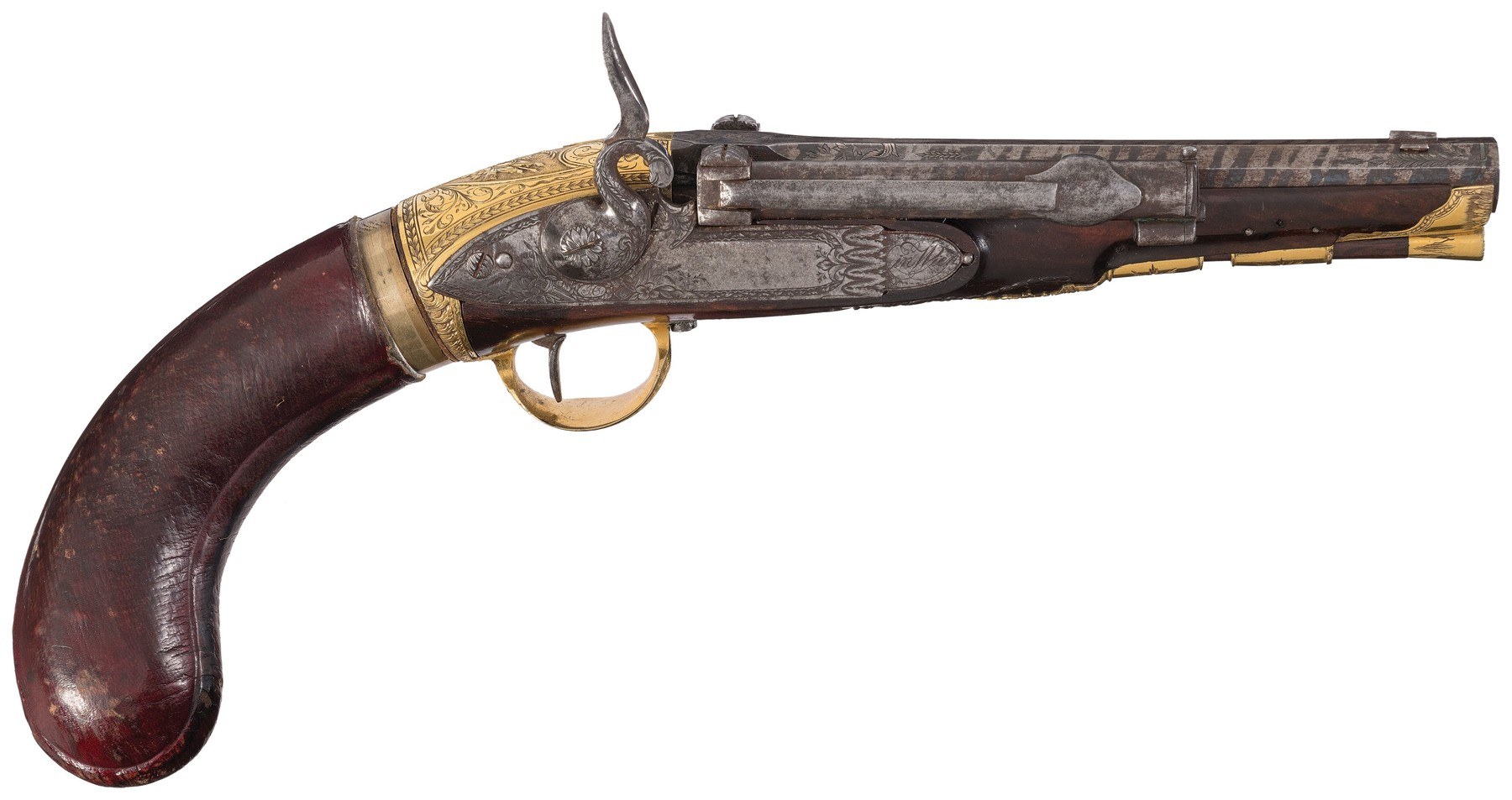 Figure 6 — A Girardoni-system repeating air pistol signed "JC" and "in Wien", the signature Beeman attributes to Joseph Contriner, with its grip reservoir covered in red leather, about .38 calibre, about 1810…
