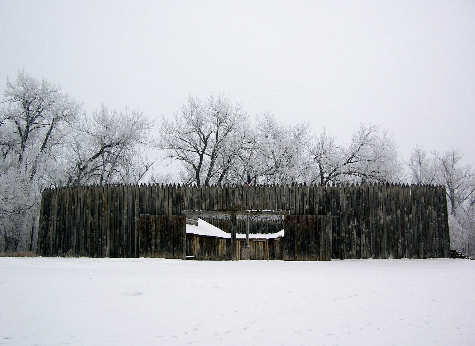 Figure 6 — The reconstruction of Fort Mandan, near Washburn, North Dakota, where the expedition wintered in 1804–05 among the Mandan and Hidatsa. Clark recorded firing the air gun there for a Hidatsa war chie…