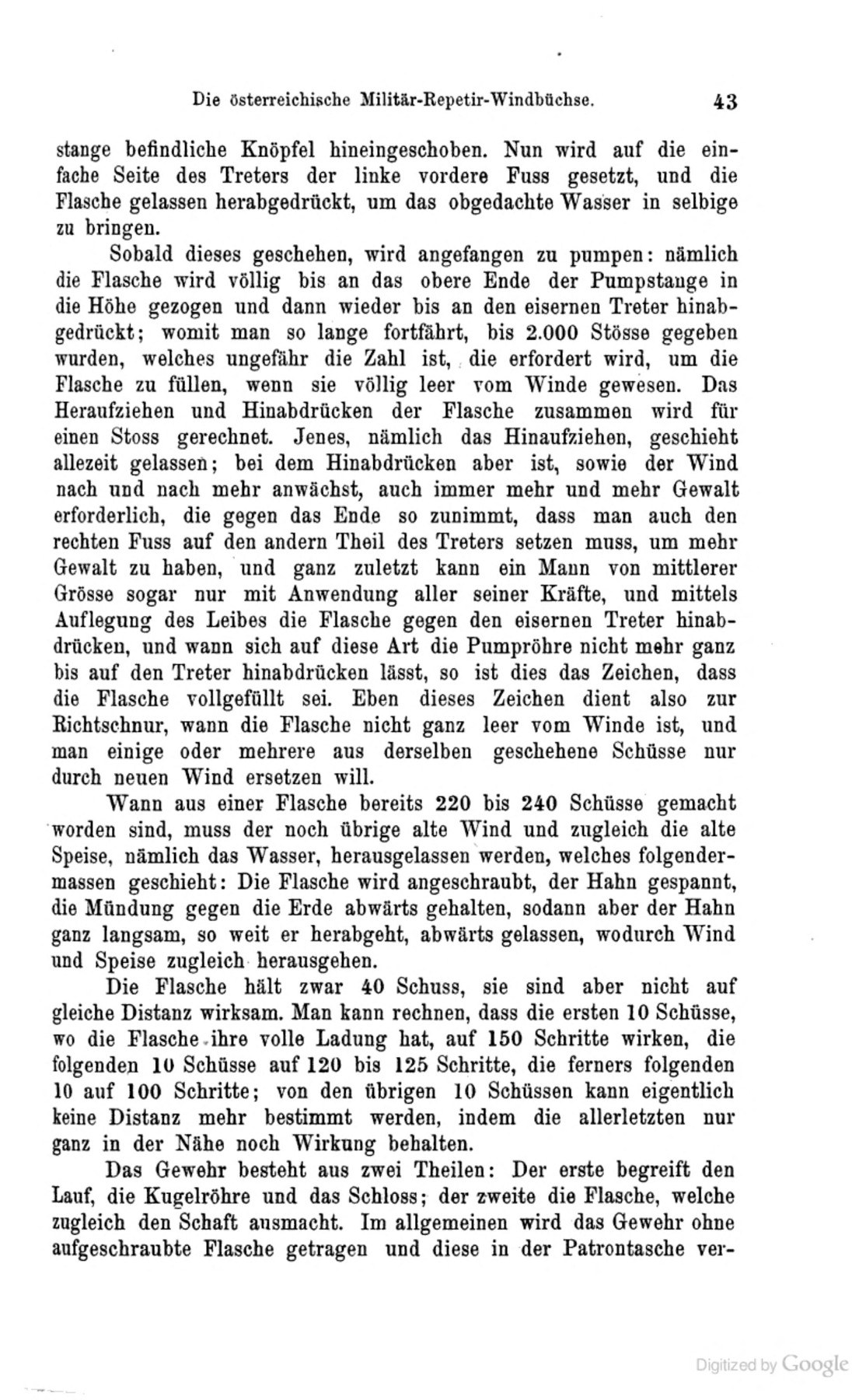 Figure 13 — Page 43 of Haller's 1891 article, printing the 1788 regulation: the water feed, pumping to about 2,000 strokes, emptying the flask after 220 to 240 shots, and the ranges of the four tens of shots i…