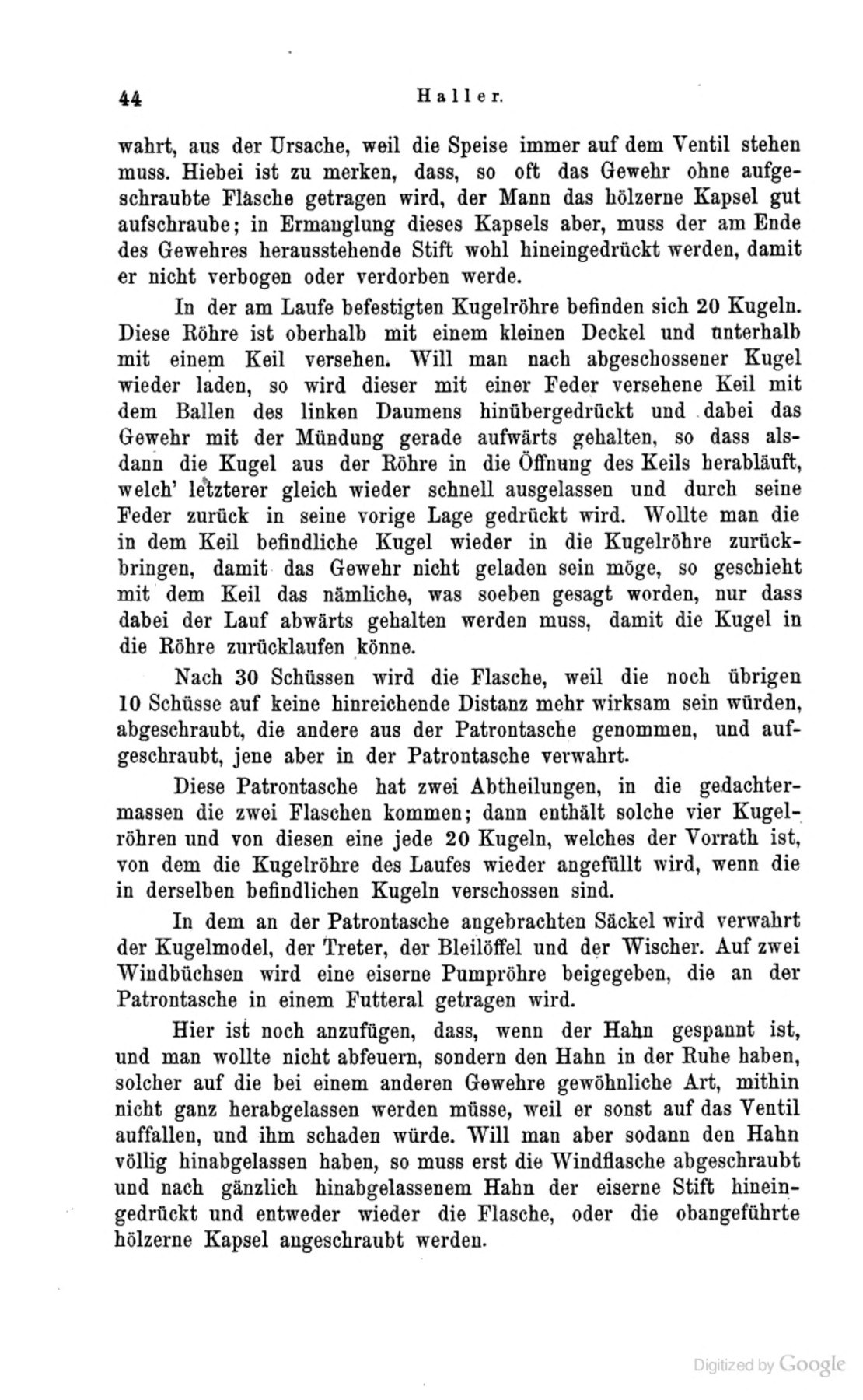 Figure 14 — Page 44 of Haller's 1891 article, continuing the regulation: carrying the rifle without its flask, the wooden cap, loading and unloading with the ball tube, changing flasks after 30 shots, the pouc…