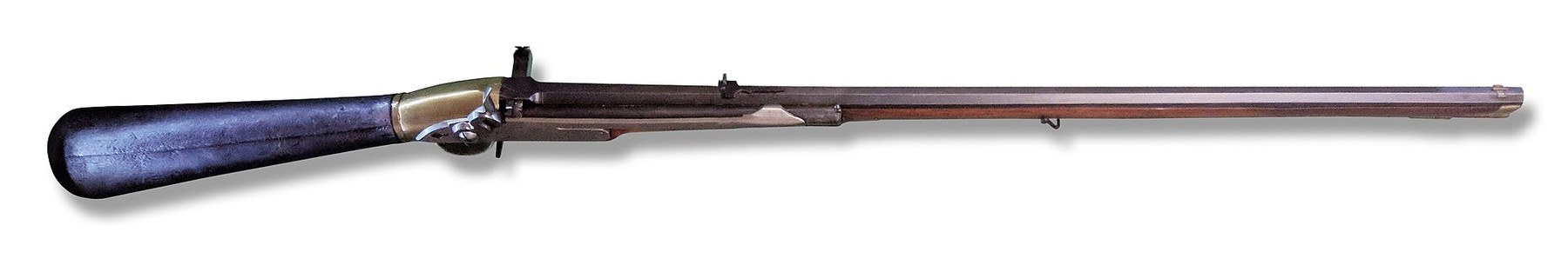 Figure 1 — The Girandoni repeating air rifle in the Heeresgeschichtliches Museum (HGM), Vienna, shown from the right: the iron air flask that forms the butt at left, the brass lock housing in the middle and t…