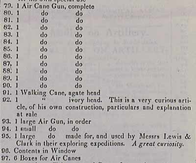 Figure 4 — The relevant part of the printed notice of the sale of Isaiah Lukens's effects, January 1847, as photographed by Robert Beeman: items 79 to 97, a run of air canes, two walking canes, three air guns…