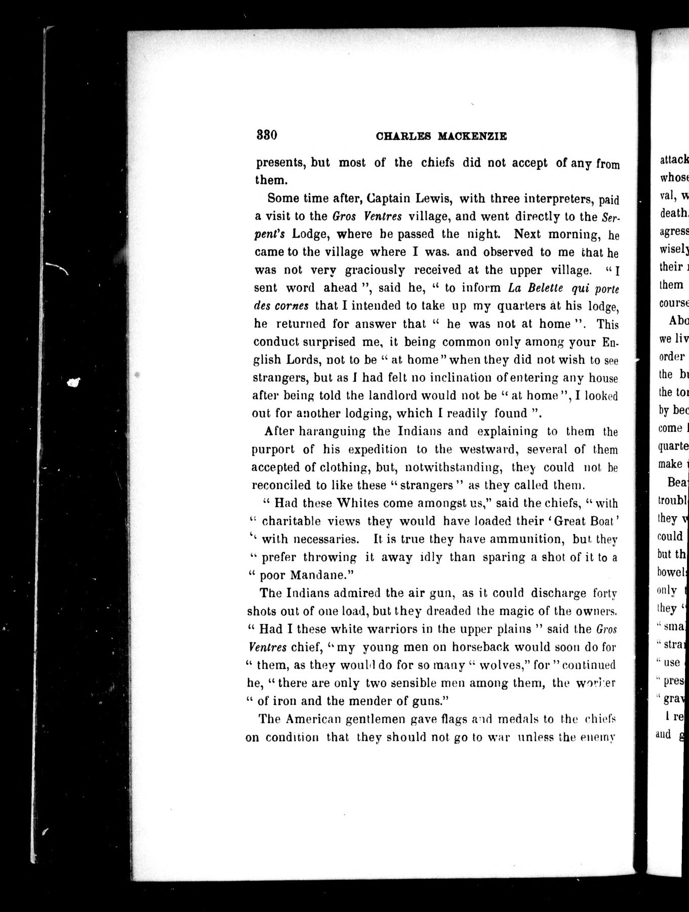 Figure 5 — Page 330 of Masson's Les Bourgeois de la Compagnie du Nord-Ouest, vol. 1 (Québec, 1889), printing Charles McKenzie's account of the Missouri Indians: "The Indians admired the air gun, as it could d…
