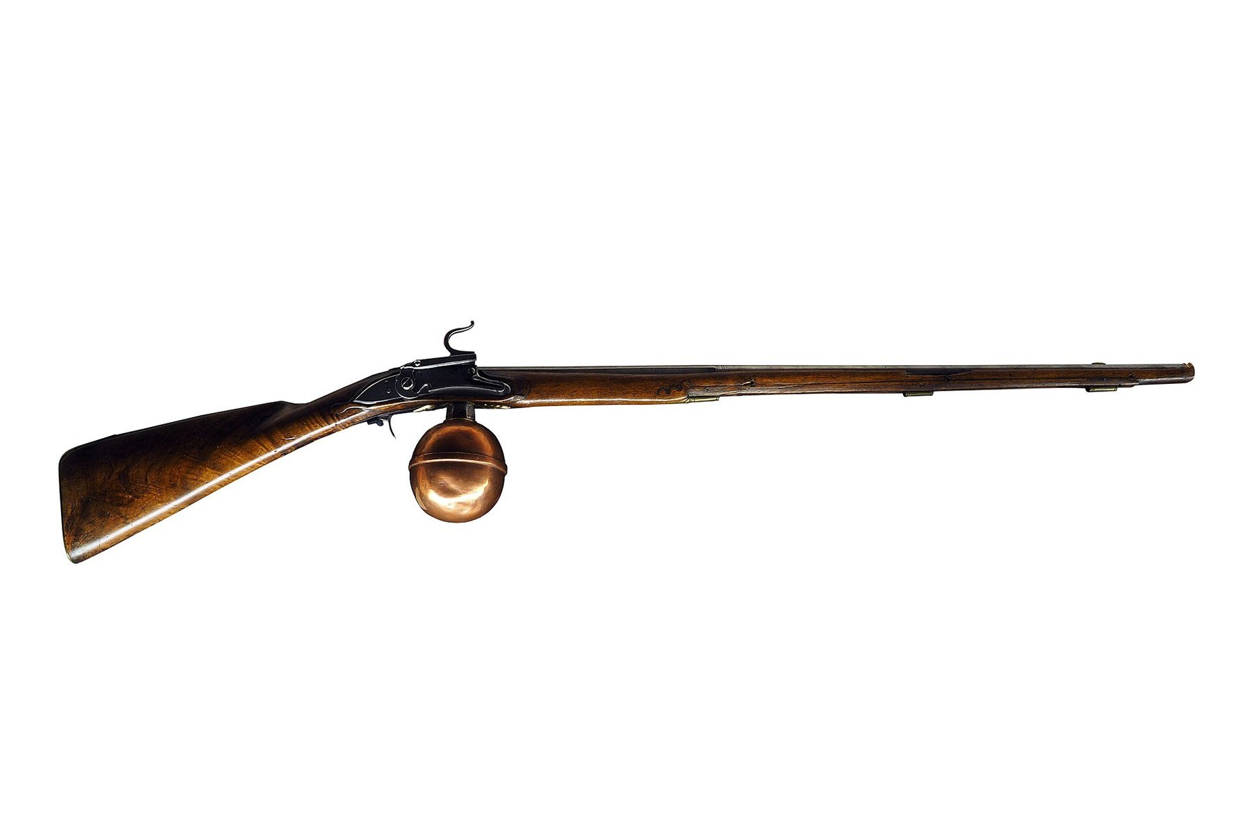 Figure 2 — An air rifle of about 1770–1780, attributed to Germany, in the Musée de Morges, Switzerland (Inv. 1010642), with its air stored in a copper ball screwed under the breech. This is the older arrangem…