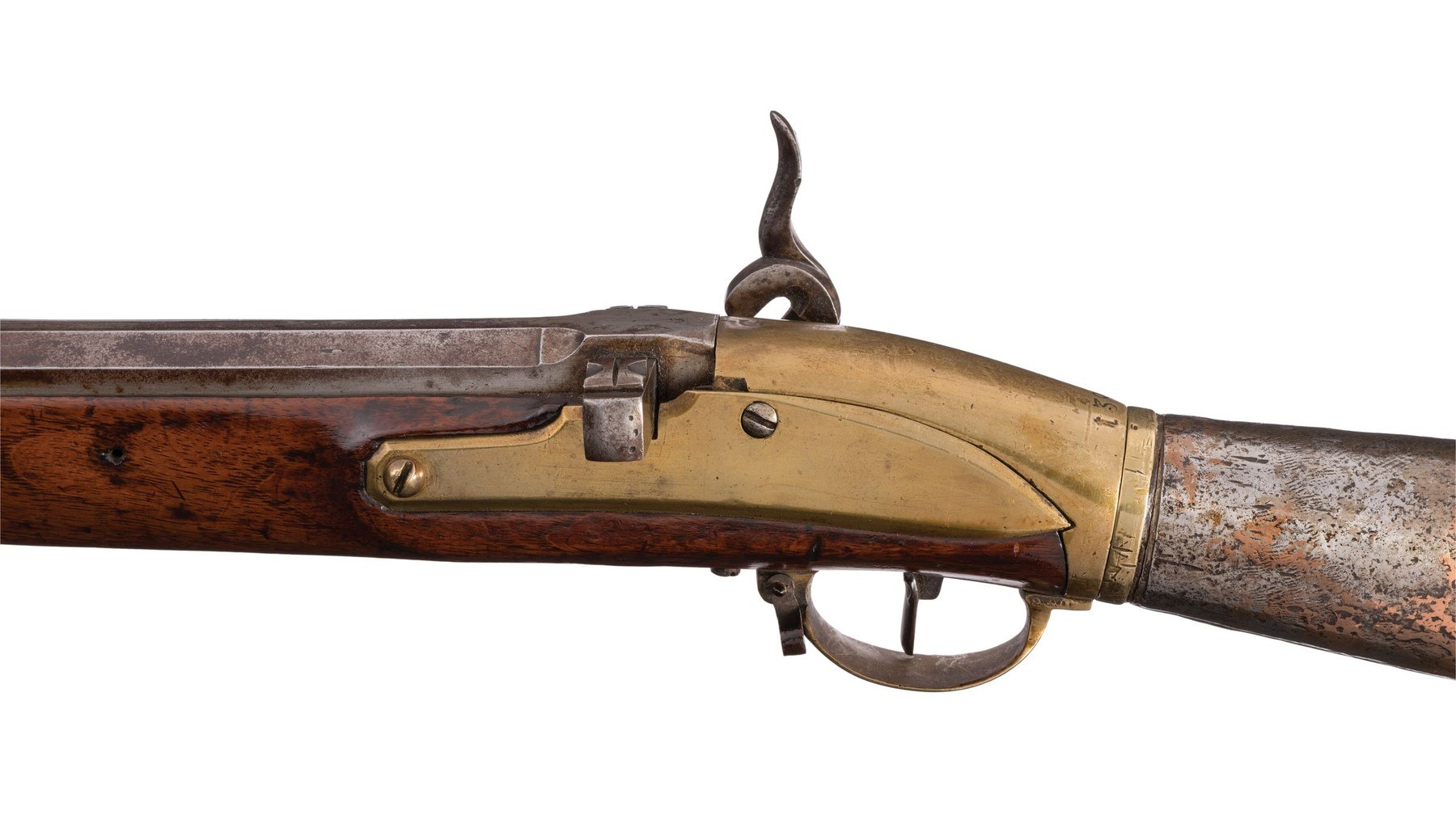 Figure 11 — Left side of an Austrian military Girardoni's action (Rock Island Auction lot 272): the brass receiver and its long side plate, the left-hand button of the loading bar standing out at the top of th…