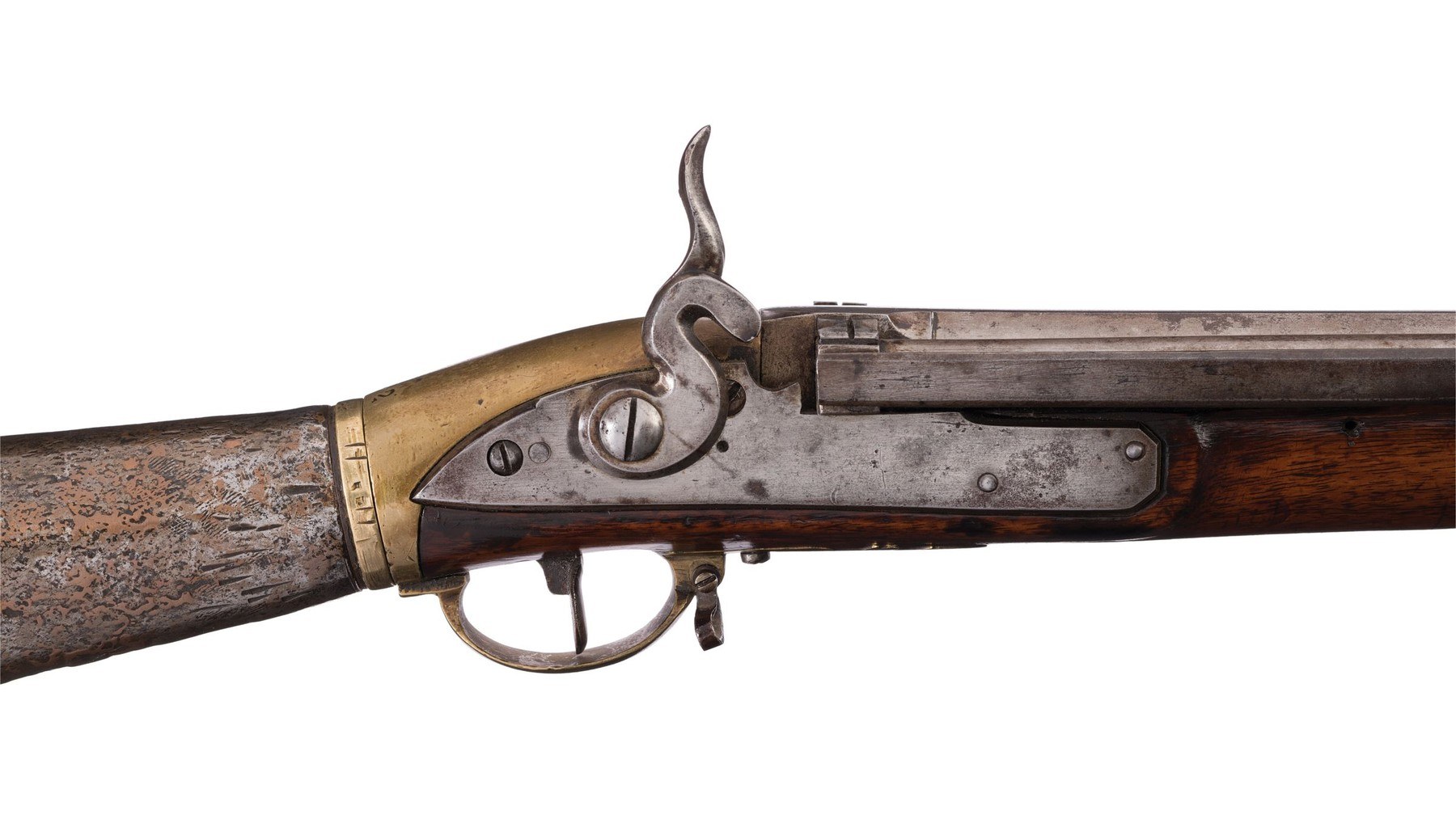 Figure 12 — Right side of the same rifle: the iron lock plate and S-shaped hammer, the trigger guard, the right-hand end of the loading bar at the breech, and the bare iron flask with its brass collar. Rock Is…