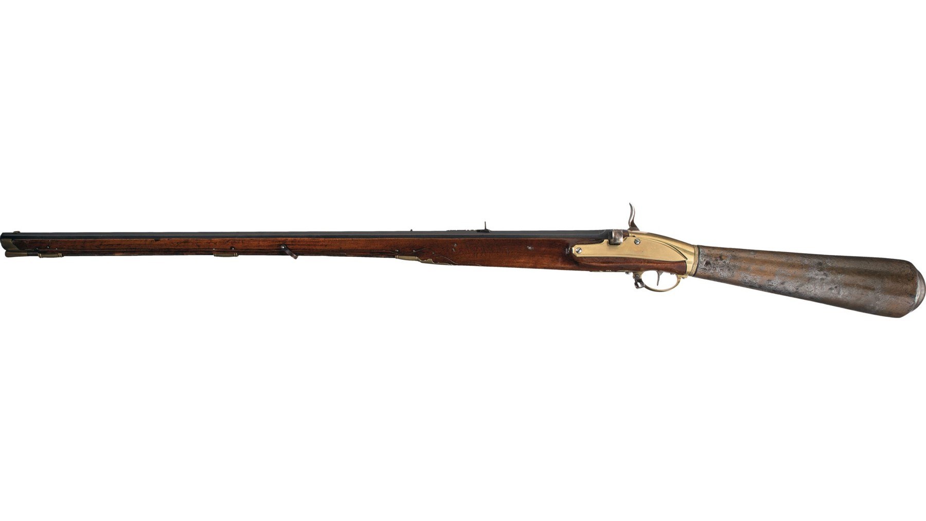 Figure 2 — The left side of the G-marked military rifle sold by Rock Island Auction as lot 357 in December 2023, from the Beeman collection: plain brass side plate, the loading bar's left button, bare iron fl…