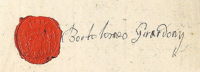 Figure 3 — A wax seal and the signature "Bortolomeo Girardony", photographed by Suessmayr and dated 1799 by the file's title; the document itself is not identified on the file page. Public domain as a signatu…