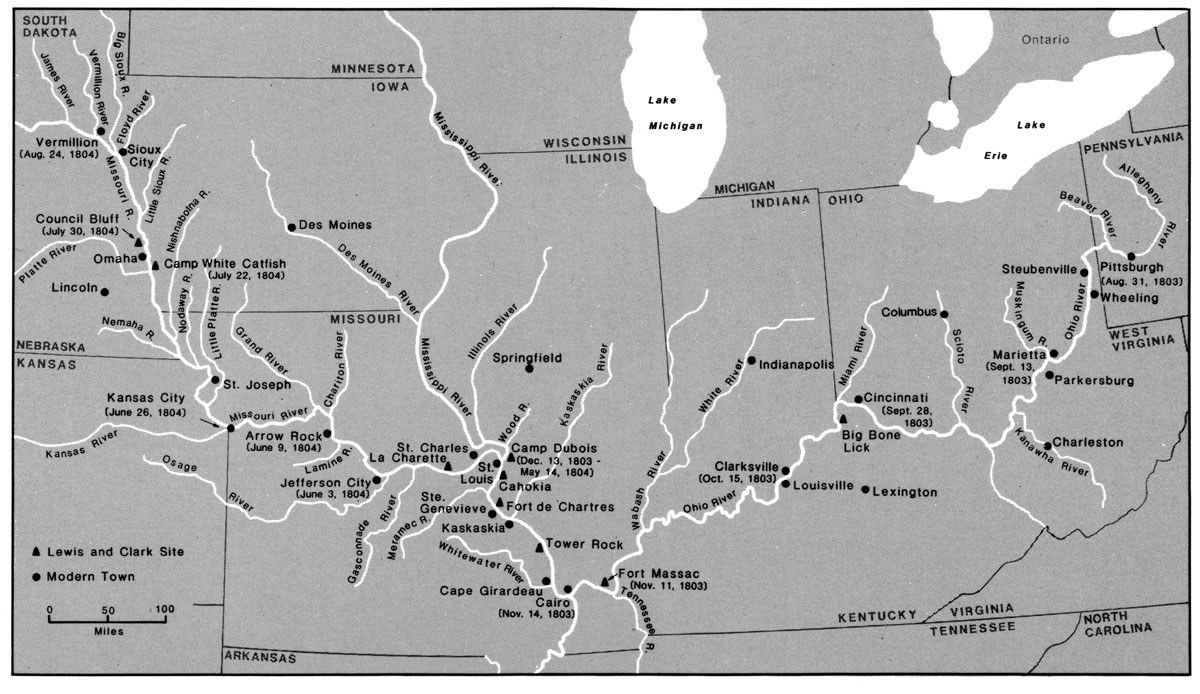 Figure 3 — The expedition's route from Pittsburgh in August 1803 to the Missouri in August 1804, from the University of Nebraska Press edition of the journals (vol. 2), as shown on the 30 August 1803 page of …
