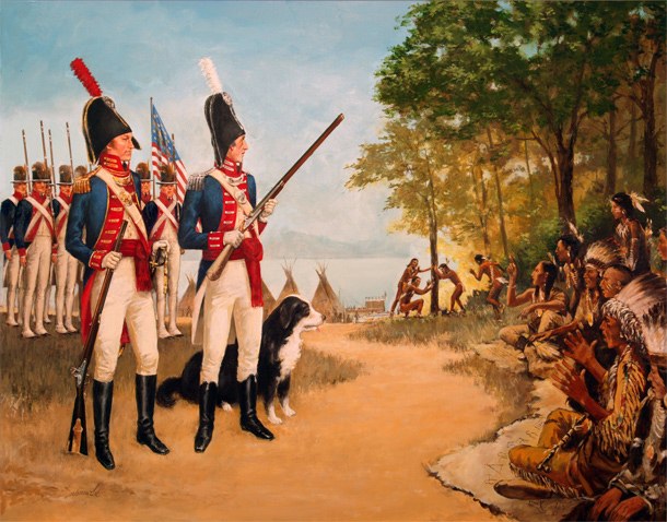 Figure 4 — A modern painting by Warren Lee, commissioned by Robert Beeman, imagining the Yankton demonstration of 30 August 1804 from Whitehouse's journal: Lewis and Clark in dress uniform, the air gun in Lew…