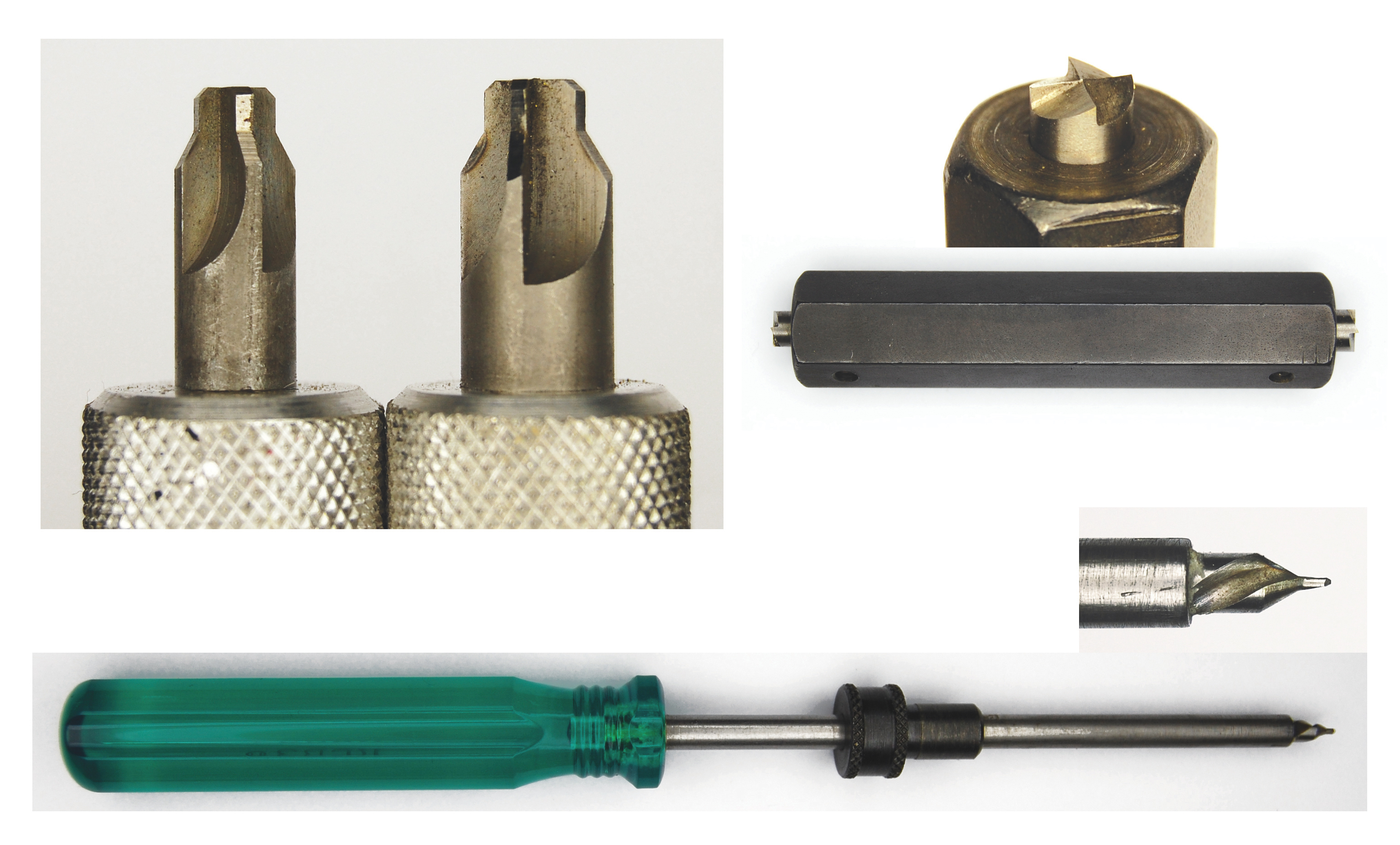 Figure 3 — Primer-pocket tooling. The difference between a tool that cleans a pocket and one that cuts it is the difference between clean enough to seat and uniformed, which are separate operations. Photograp…