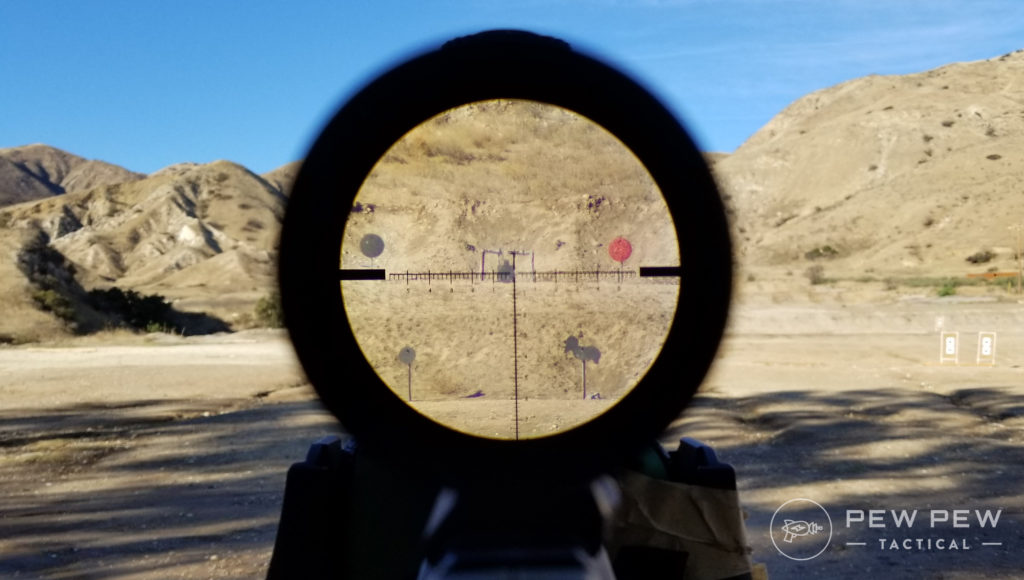 Figure 2 — Reticle appearance at high magnification — note how the reticle-to-target proportion differs from the low-power image, revealing the focal-plane behavior. Source: pewpewtactical.com.