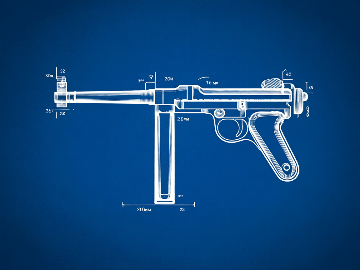 Figure 2 — 2 — STEN Mk II bolt turning dimensions (illustrative dimensioned diagram). Generated with Ideogram 3.0; see figs/stenboltdrawing.png.prompt.json. NOT a scaled manufacturing drawing — refer…